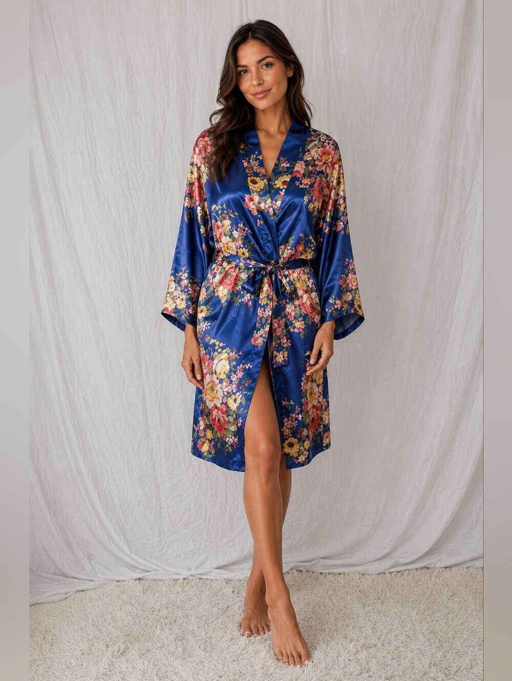 Vibrant Floral Satin Kimono OS Blue Pink